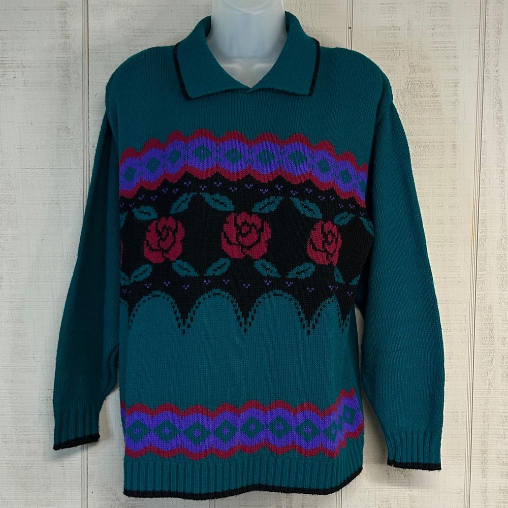 Vtg Cricket Lane Womens Eclectic Granny Floral Knit Sweater‎ Size XL Green 80s